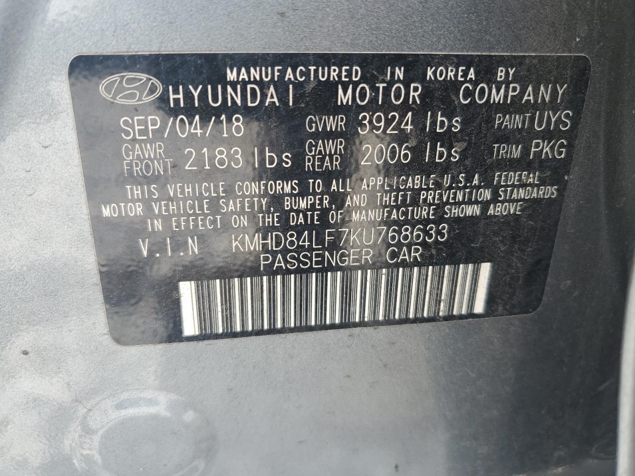 2019 Hyundai Elantra Sel VIN: KMHD84LF7KU768633 Lot: 62225455
