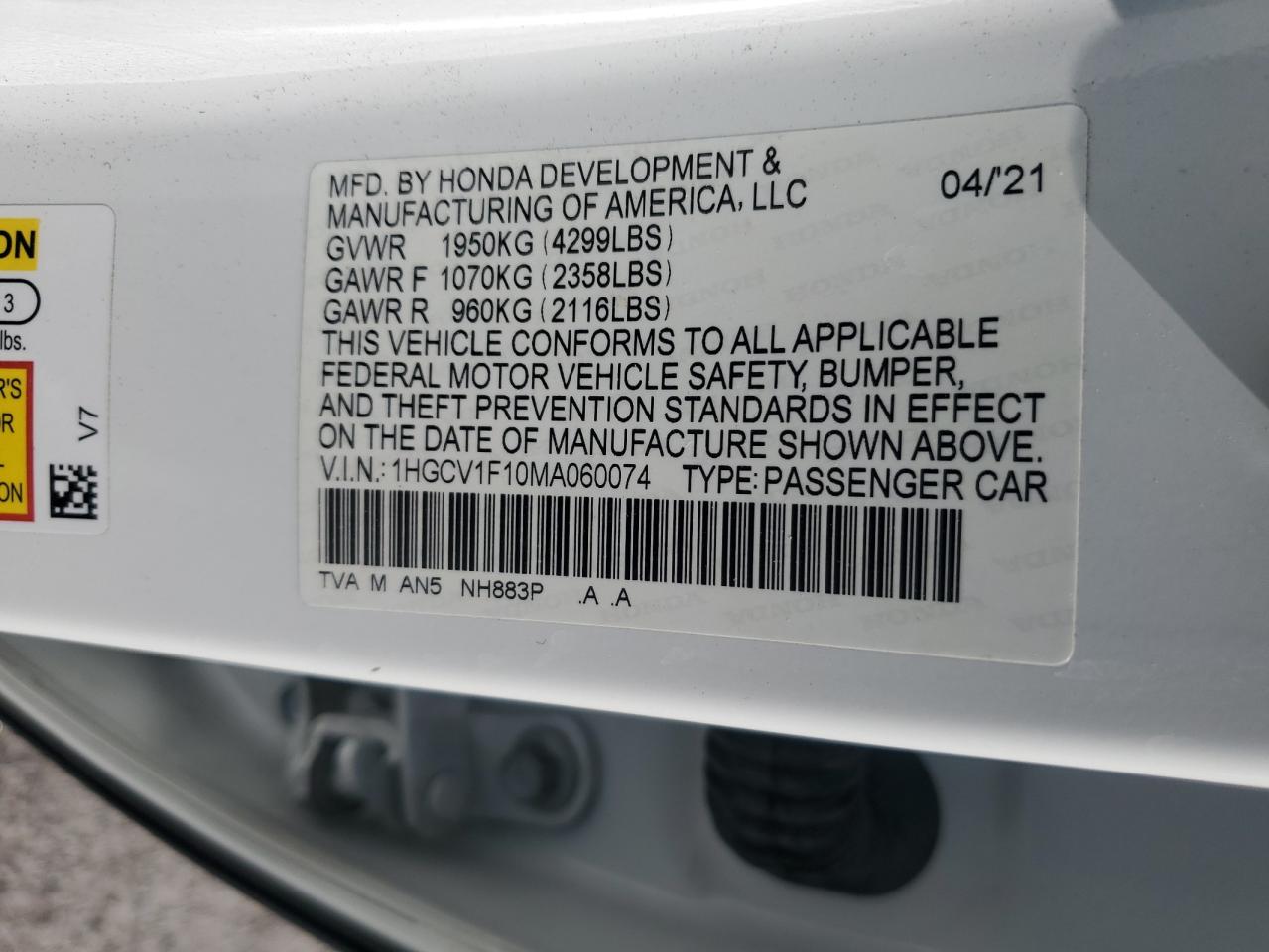 2021 Honda Accord Lx VIN: 1HGCV1F10MA060074 Lot: 62598185