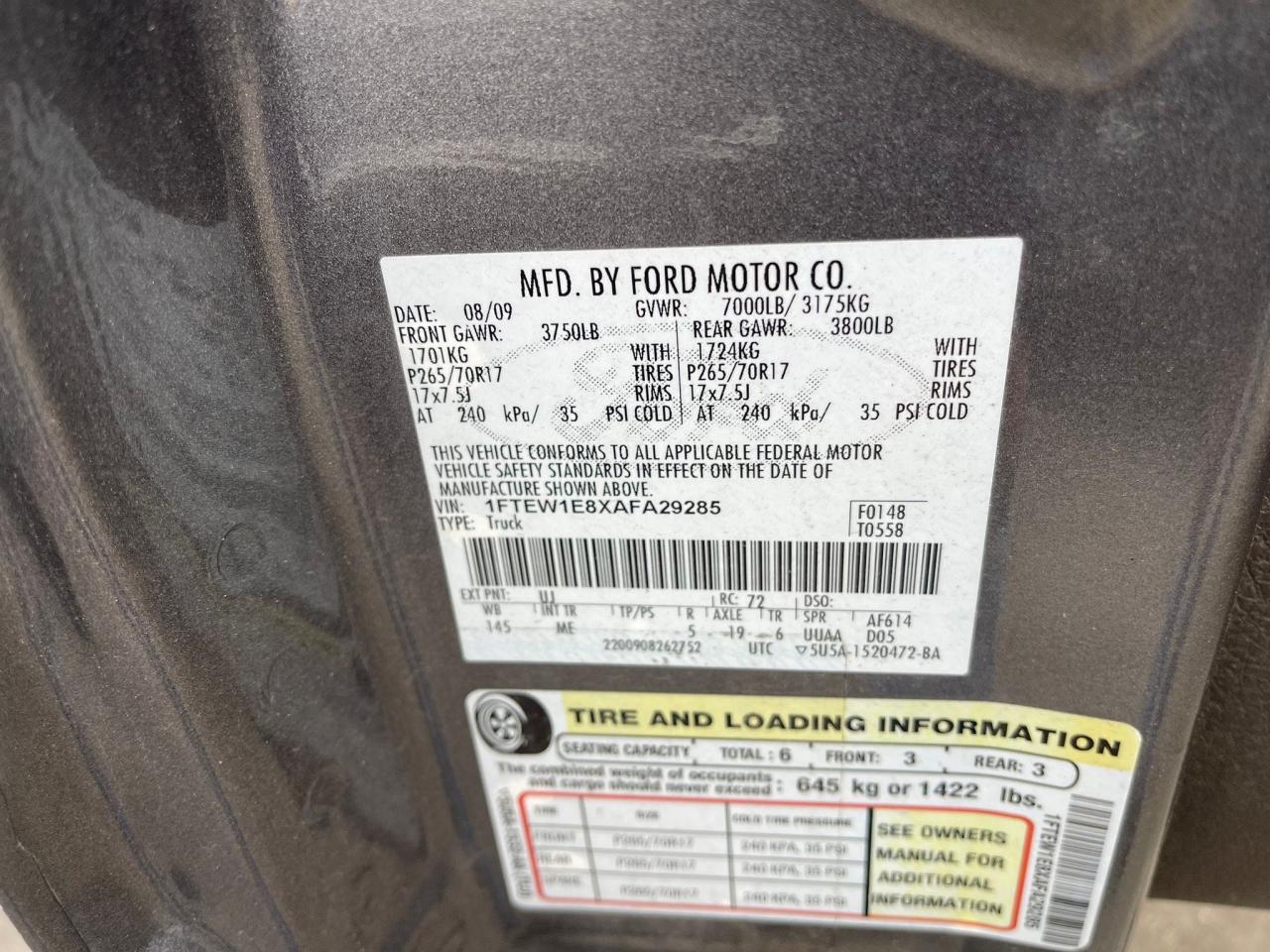 FORD F-150 2010 VIN 1FTEW1E8XAFA29285 photo 10
