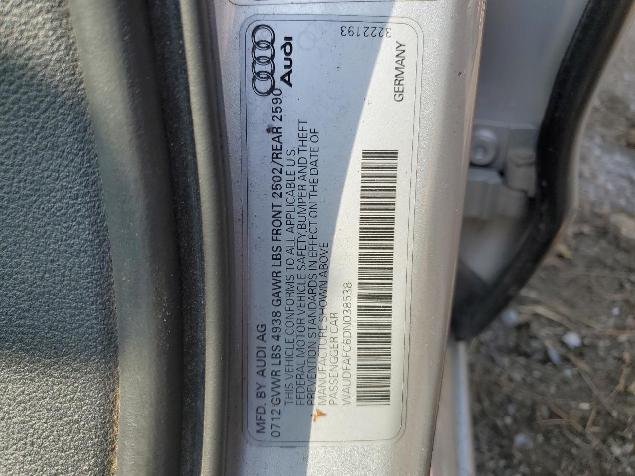 2013 Audi A6 Premium Plus VIN: WAUDFAFC6DN038538 Lot: 61900125