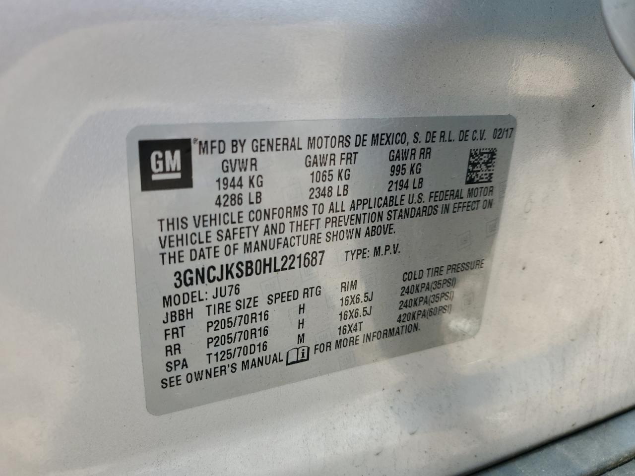 2017 Chevrolet Trax Ls VIN: 3GNCJKSB0HL221687 Lot: 60490825