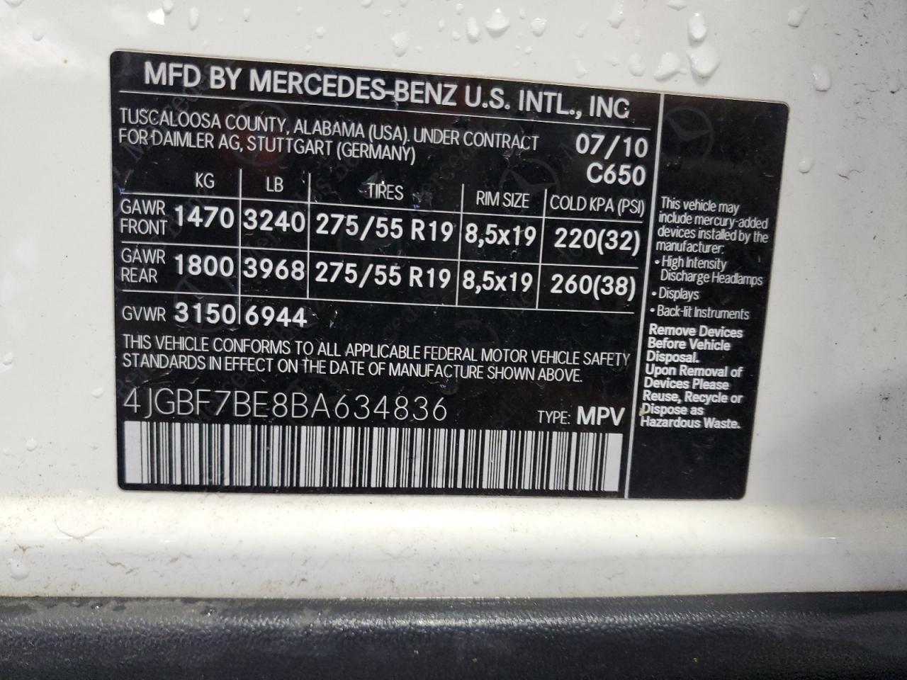 2011 Mercedes-Benz Gl 450 4Matic VIN: 4JGBF7BE8BA634836 Lot: 61633565