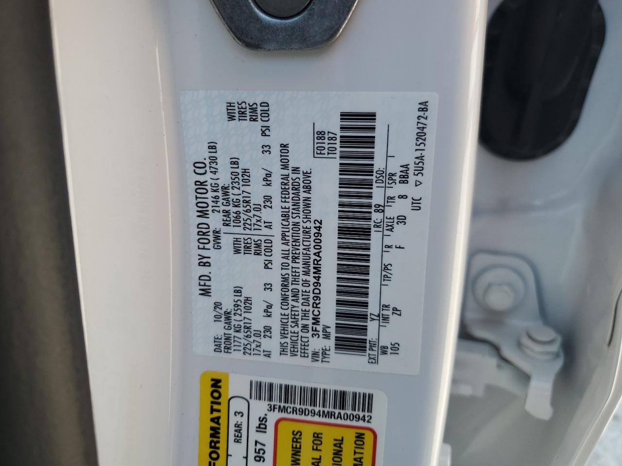 2021 Ford Bronco Sport Badlands VIN: 3FMCR9D94MRA00942 Lot: 60277855