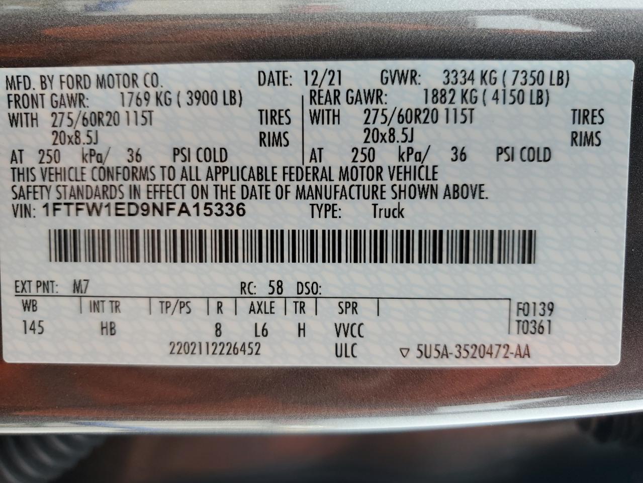 2022 Ford F150 Supercrew VIN: 1FTFW1ED9NFA15336 Lot: 62754075