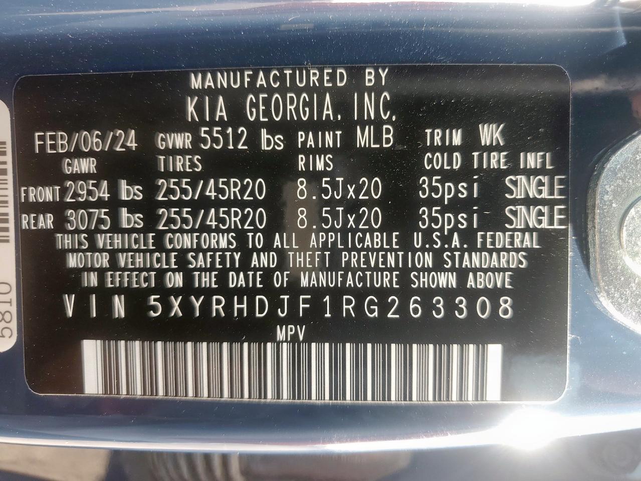 2024 Kia Sorento Ex VIN: 5XYRHDJF1RG263308 Lot: 62948635