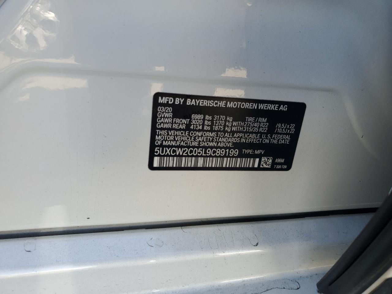 2020 BMW X7 xDrive40I VIN: 5UXCW2C05L9C89199 Lot: 62577455