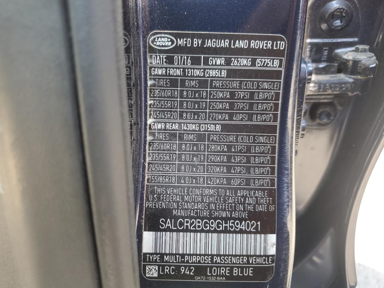 2016 Land Rover Discovery Sport Hse VIN: SALCR2BG9GH594021 Lot: 61801795