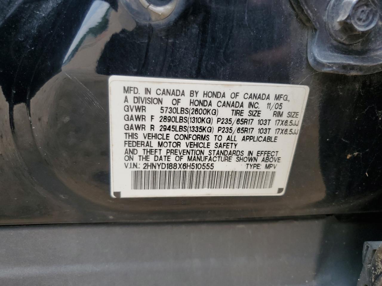 2006 Acura Mdx Touring VIN: 2HNYD188X6H510555 Lot: 62169915