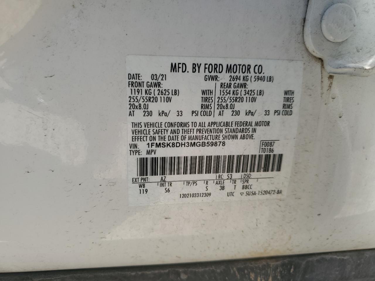 2021 Ford Explorer Xlt VIN: 1FMSK8DH3MGB59878 Lot: 62293625