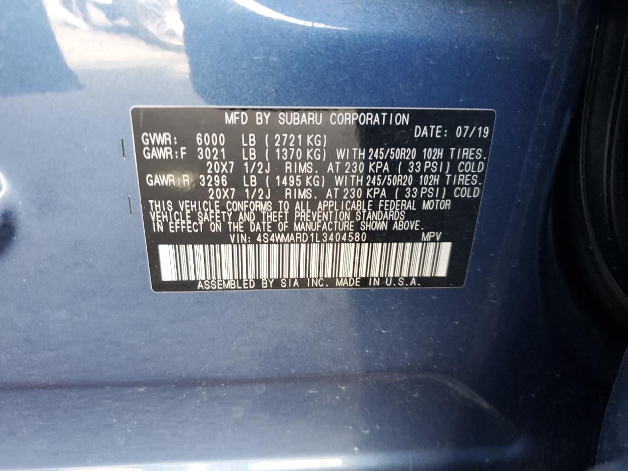 2020 Subaru Ascent Touring VIN: 4S4WMARD1L3404580 Lot: 62515725