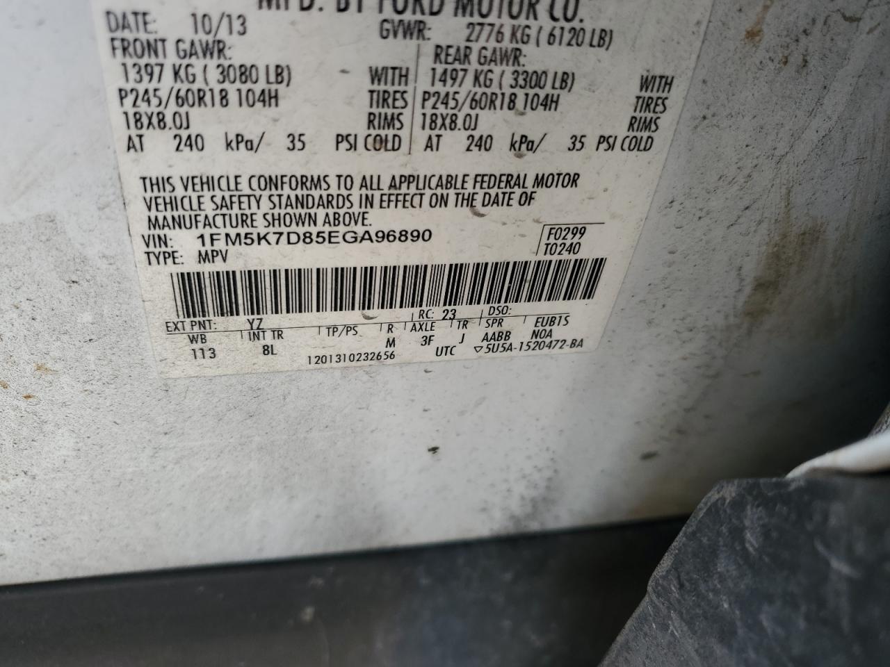 2014 Ford Explorer Xlt VIN: 1FM5K7D85EGA96890 Lot: 61243465