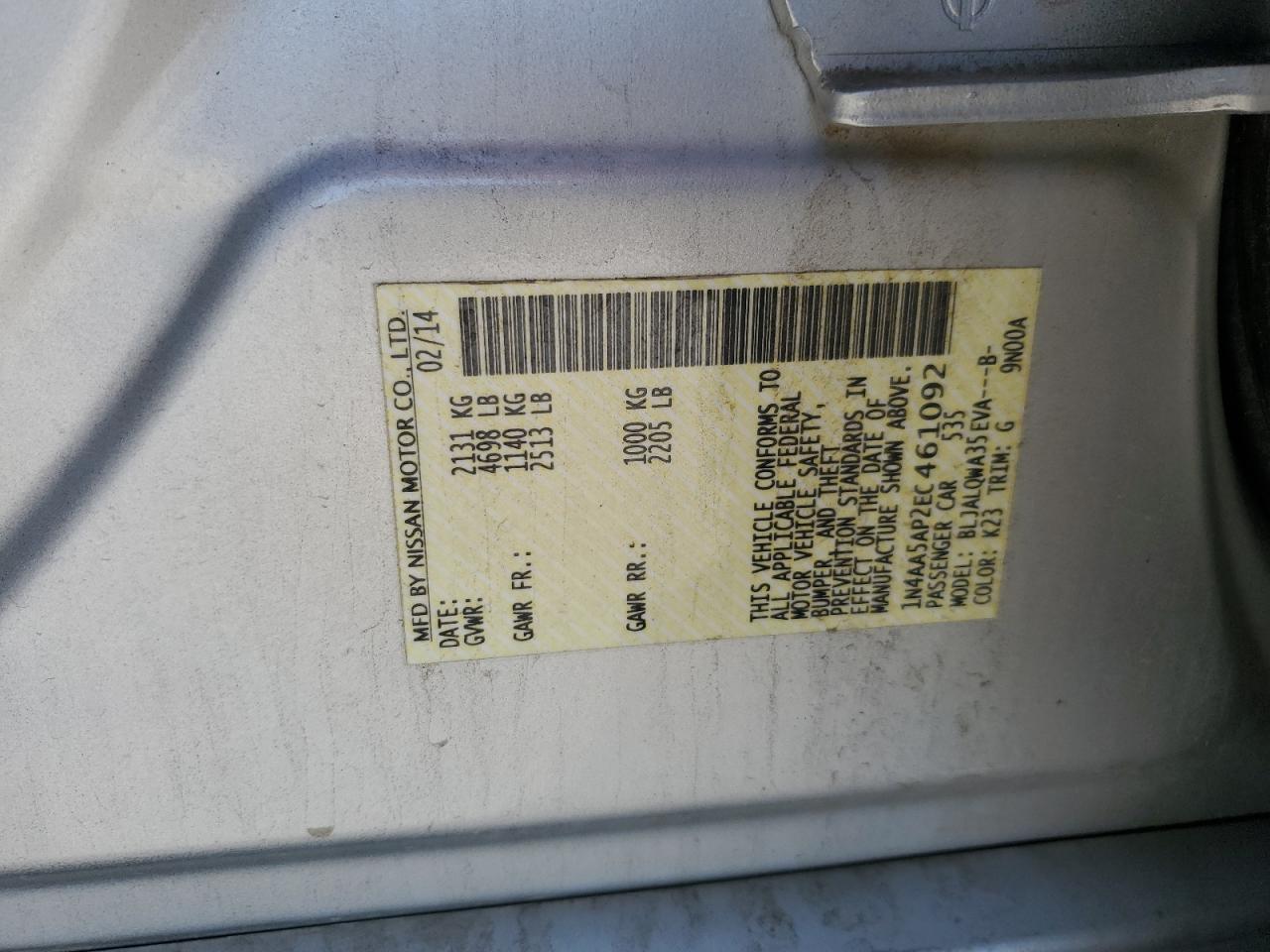 2014 Nissan Maxima S VIN: 1N4AA5AP2EC461092 Lot: 61536215