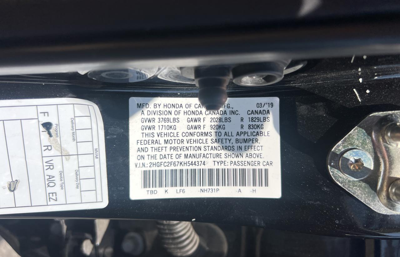 HONDA CIVIC 2019 VIN 2HGFC2F67KH544374 zdjęcie 10
