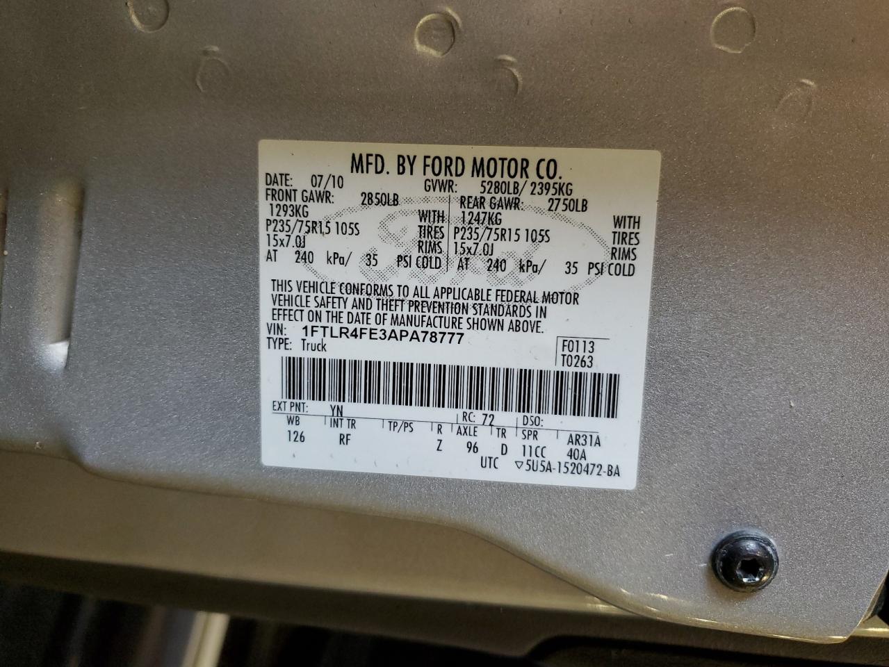 2010 Ford Ranger Super Cab VIN: 1FTLR4FE3APA78777 Lot: 62420895