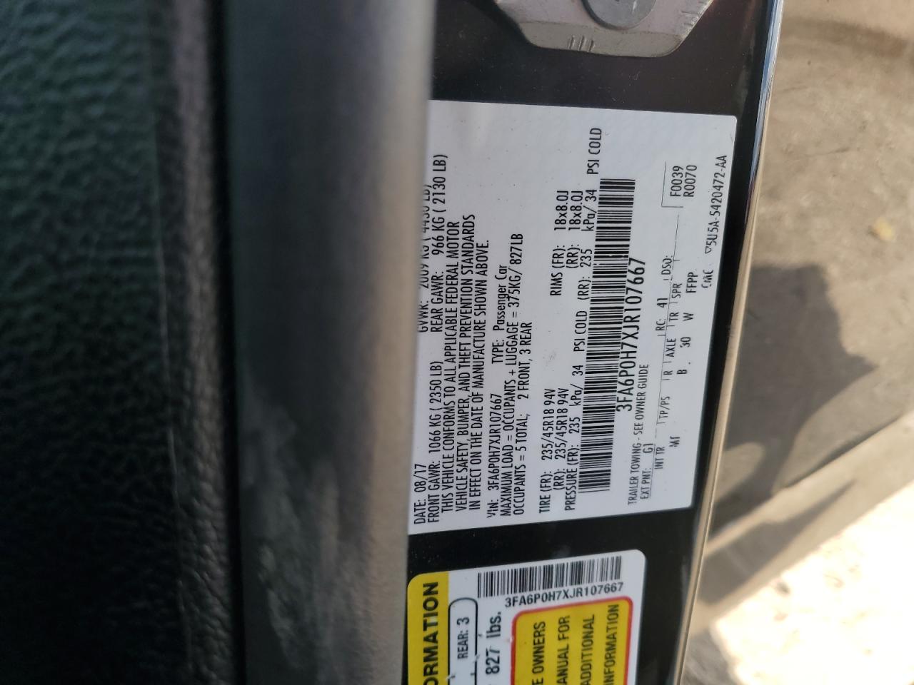 2018 Ford Fusion Se VIN: 3FA6P0H7XJR107667 Lot: 62229115