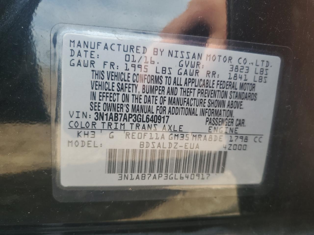 2016 Nissan Sentra S VIN: 3N1AB7AP3GL640917 Lot: 62685095