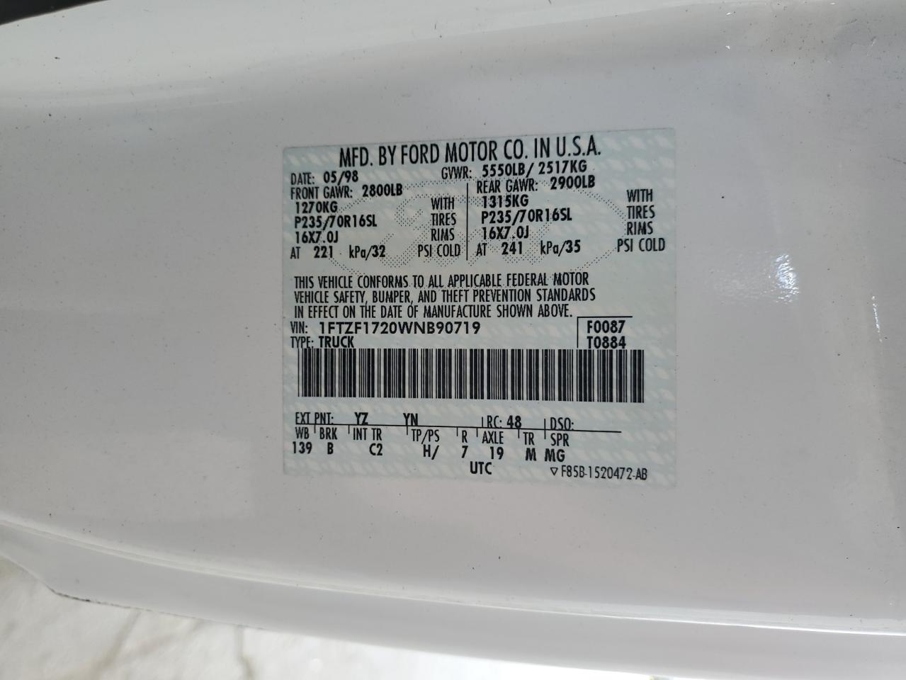 1998 Ford F150 VIN: 1FTZF1720WNB90719 Lot: 61631335