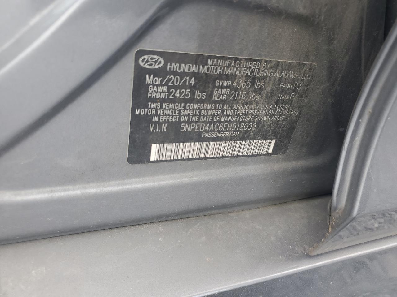 2014 Hyundai Sonata Gls VIN: 5NPEB4AC6EH918099 Lot: 62624425