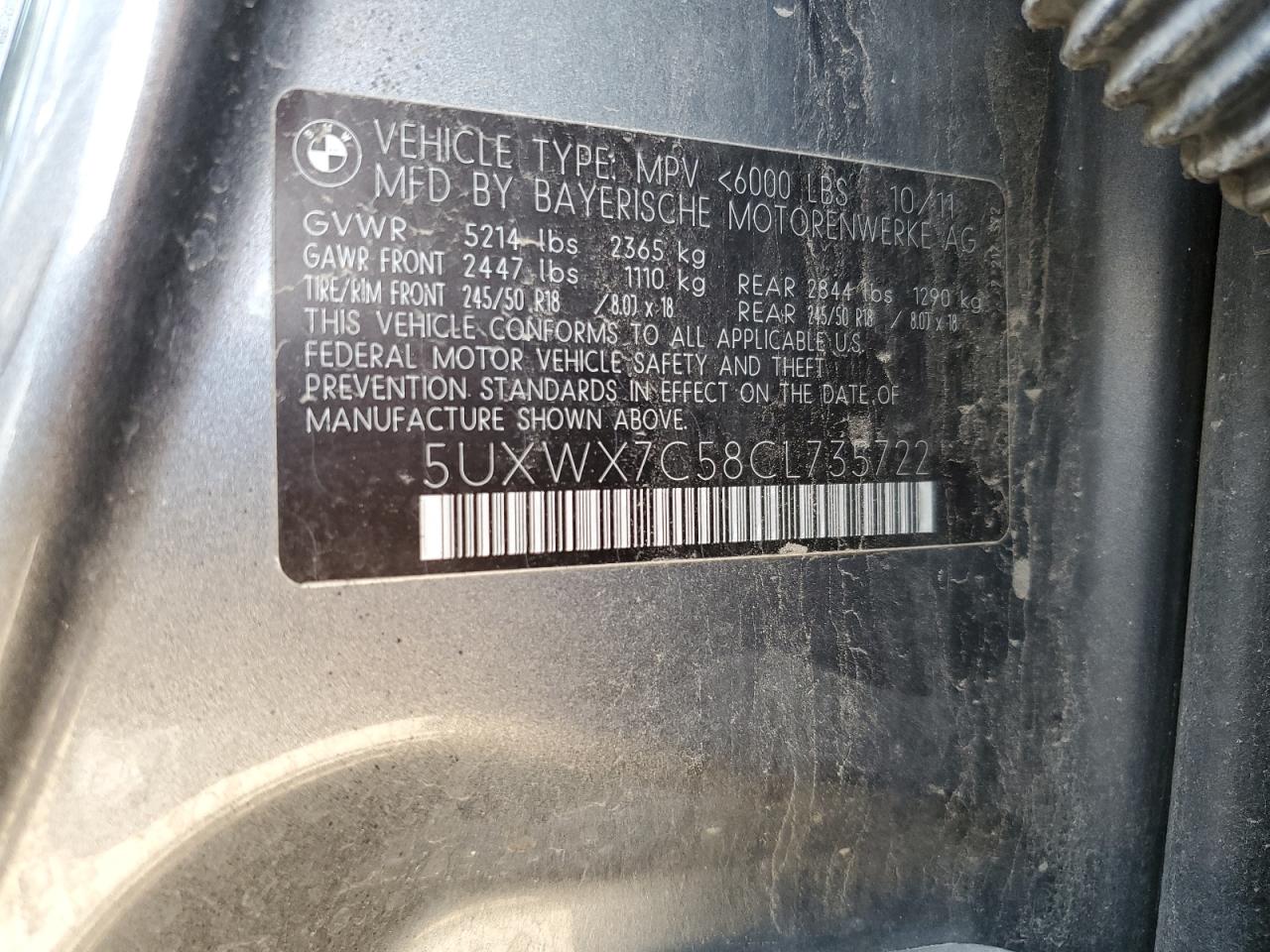 2012 BMW X3 xDrive35I VIN: 5UXWX7C58CL735722 Lot: 62025195