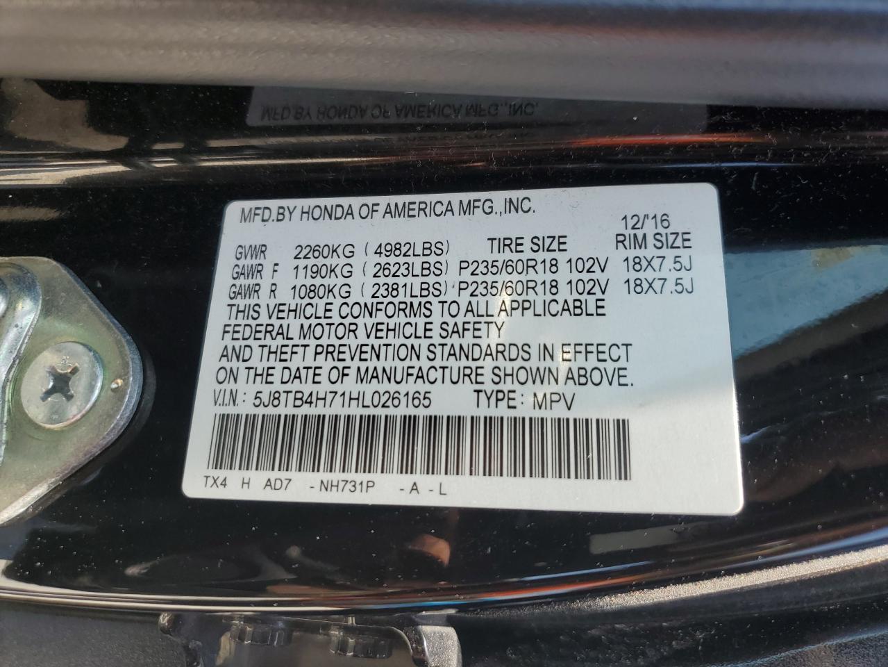 2017 Acura Rdx Advance VIN: 5J8TB4H71HL026165 Lot: 62609135