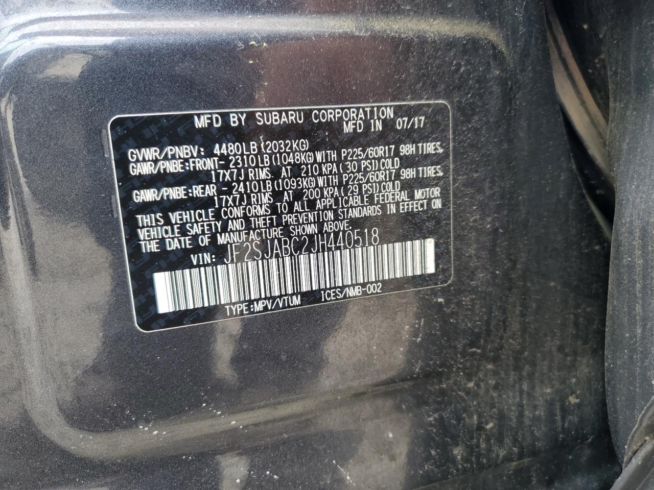 2018 Subaru Forester 2.5I VIN: JF2SJABC2JH440518 Lot: 59163685