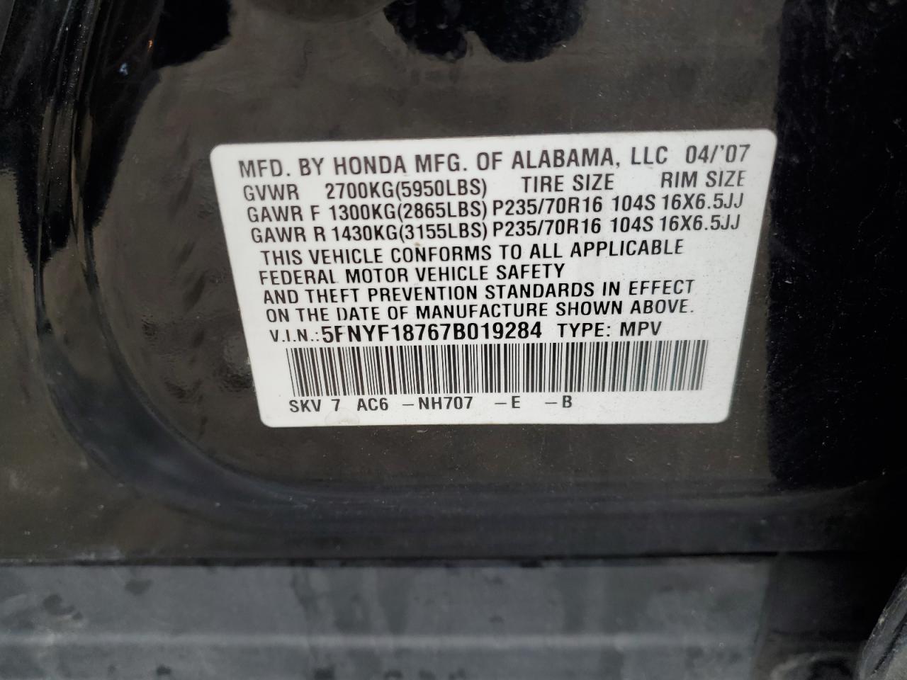 2007 Honda Pilot Exl VIN: 5FNYF18767B019284 Lot: 61802565