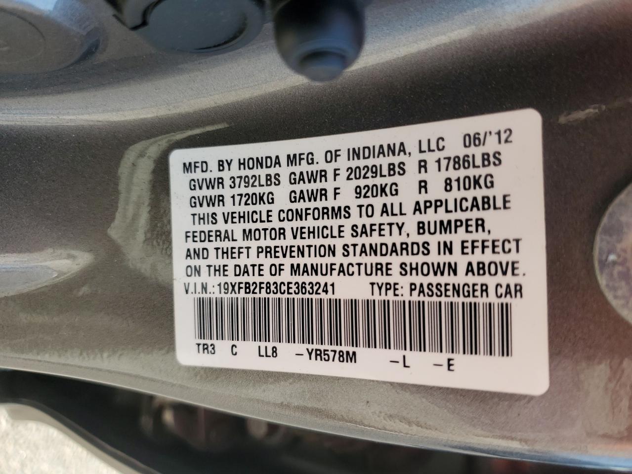 2012 Honda Civic Ex VIN: 19XFB2F83CE363241 Lot: 61020165