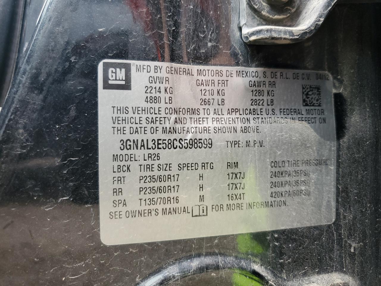 2012 Chevrolet Captiva Sport VIN: 3GNAL3E58CS598599 Lot: 61257475