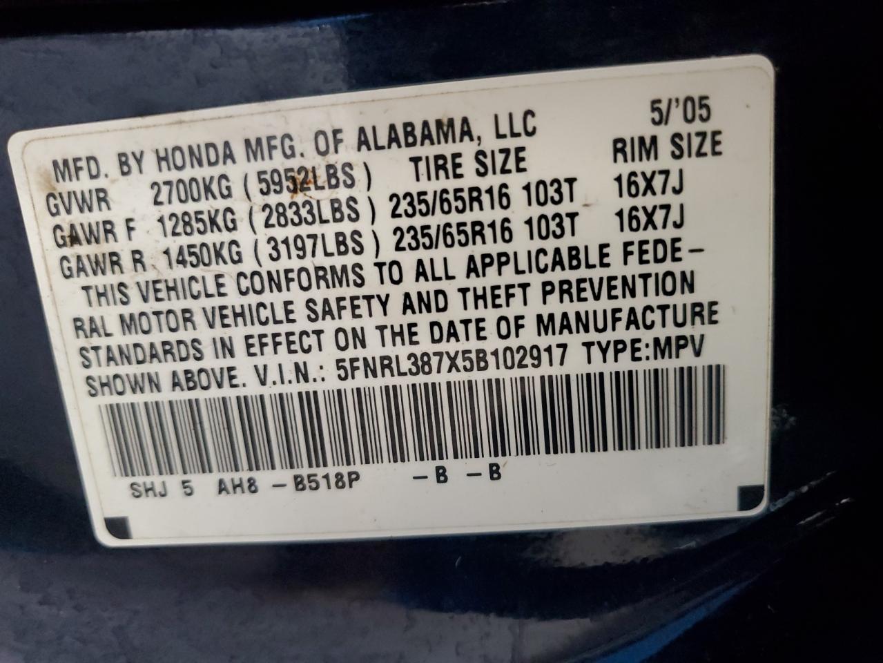 2005 Honda Odyssey Exl VIN: 5FNRL387X5B102917 Lot: 62707225