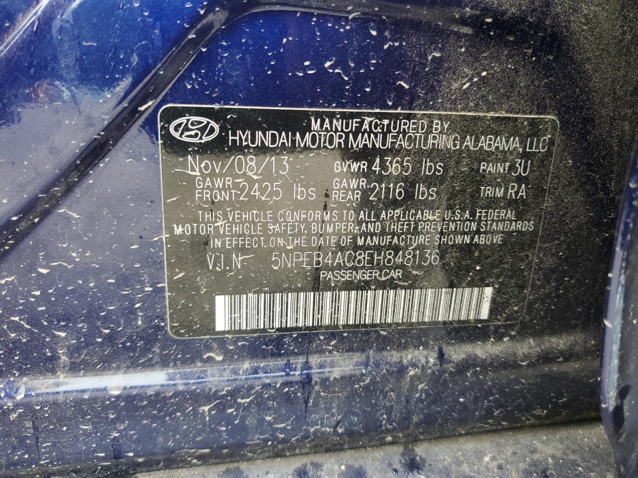 2014 Hyundai Sonata Gls VIN: 5NPEB4AC8EH848136 Lot: 59098345