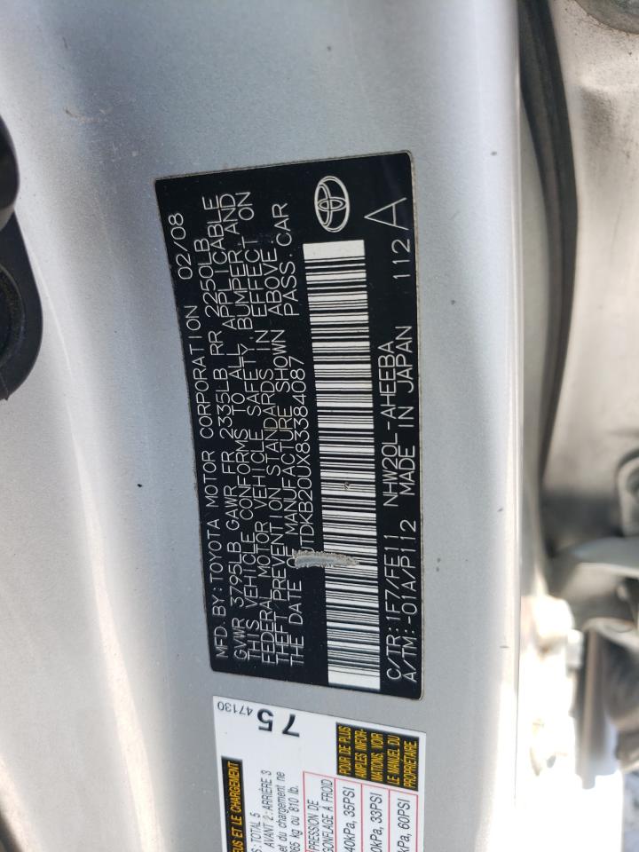 2008 Toyota Prius VIN: JTDKB20UX83384087 Lot: 62411145