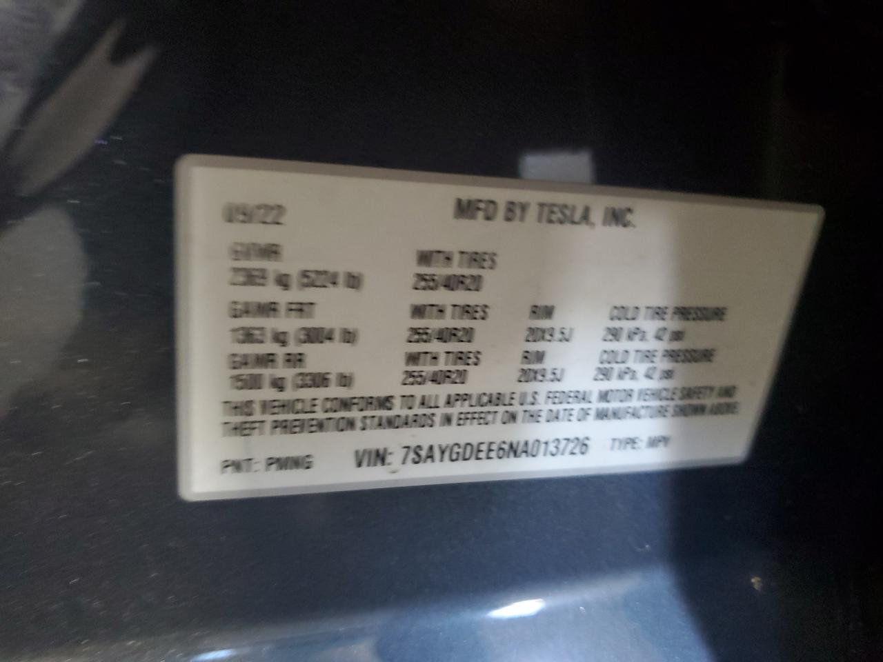 2022 Tesla Model Y VIN: 7SAYGDEE6NA013726 Lot: 62220435