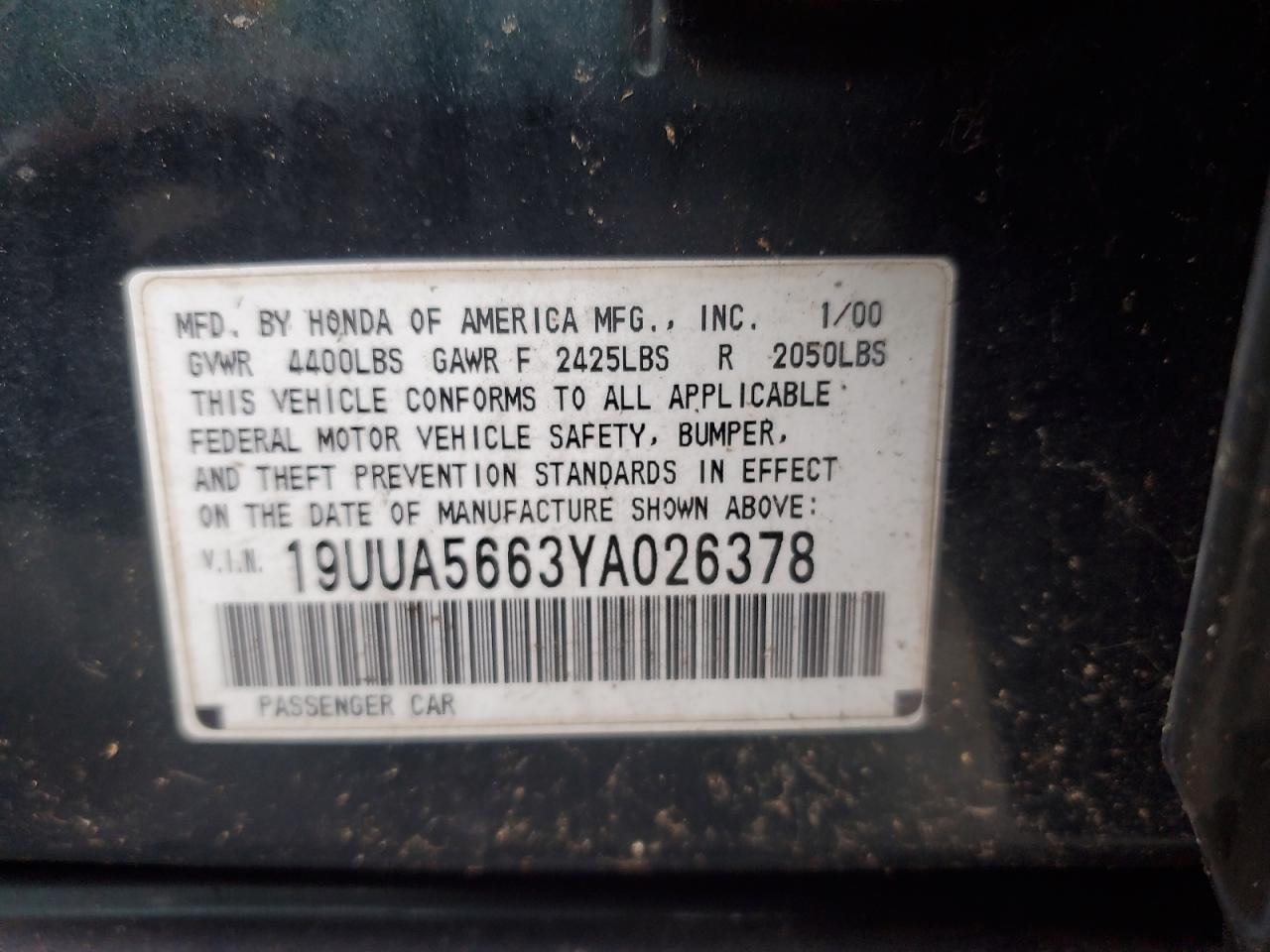 2000 Acura 3.2Tl VIN: 19UUA5663YA026378 Lot: 61281585
