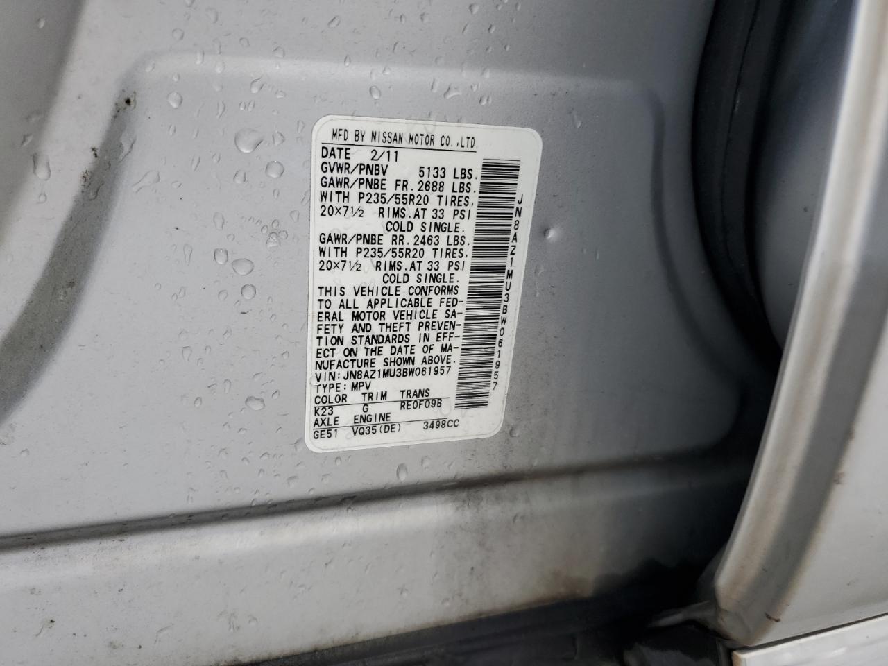 2011 Nissan Murano S VIN: JN8AZ1MU3BW061957 Lot: 61835755