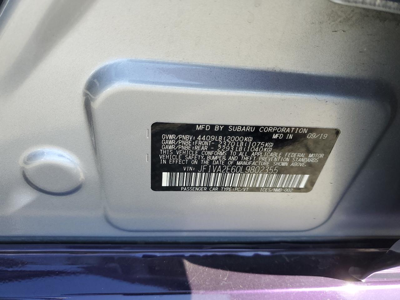 2020 Subaru Wrx Sti VIN: JF1VA2E60L9802355 Lot: 60340815