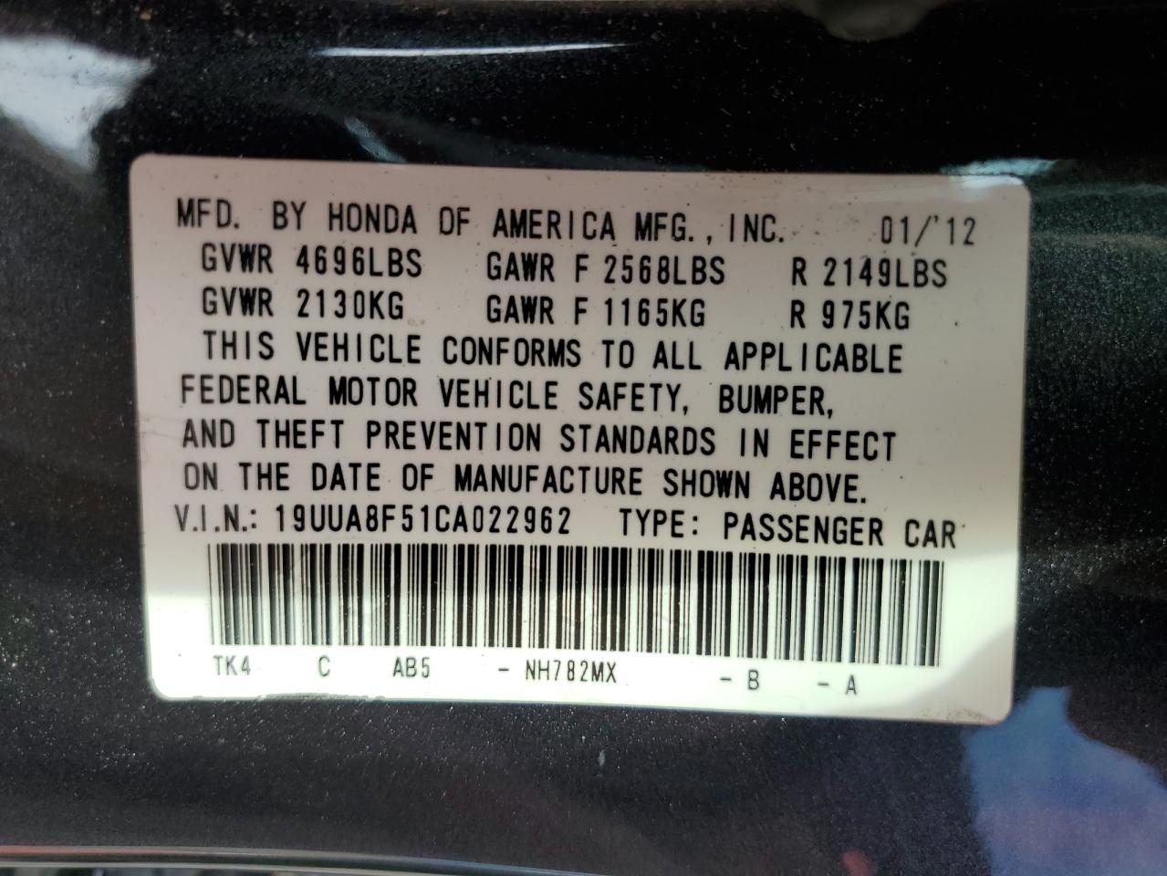 2012 Acura Tl VIN: 19UUA8F51CA022962 Lot: 62738095