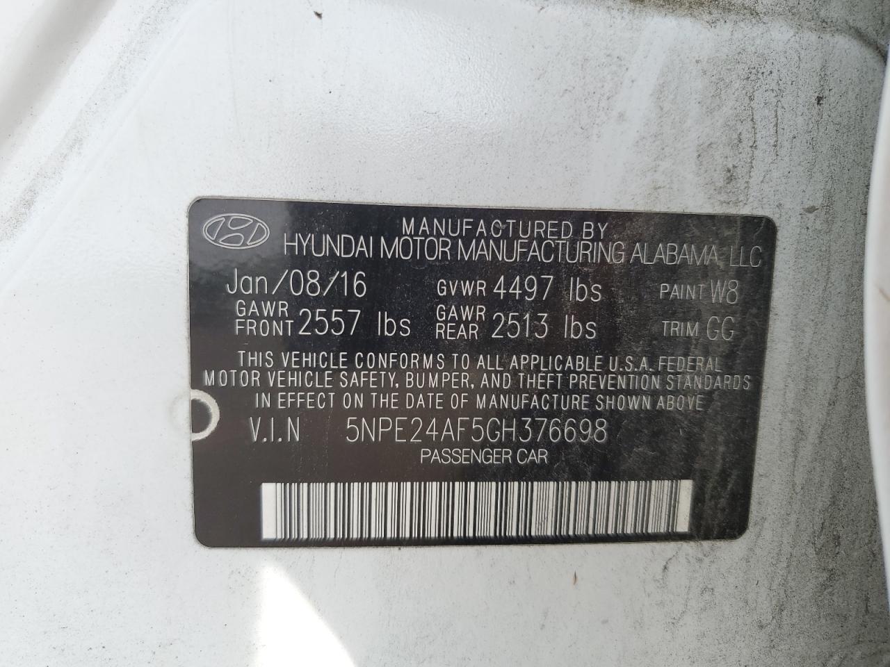 2016 Hyundai Sonata Se VIN: 5NPE24AF5GH376698 Lot: 62965125