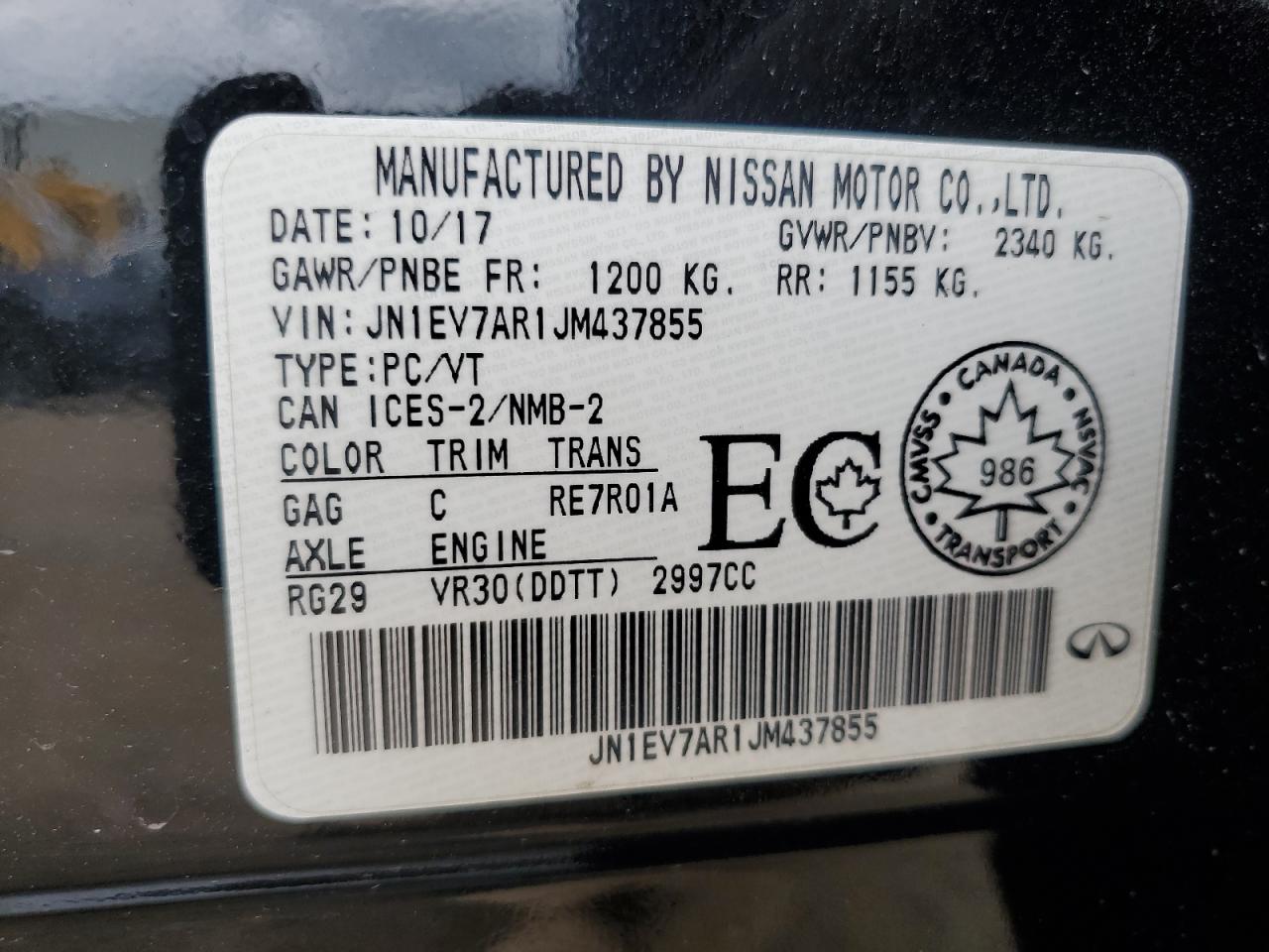 2018 Infiniti Q50 Luxe VIN: JN1EV7AR1JM437855 Lot: 59462565