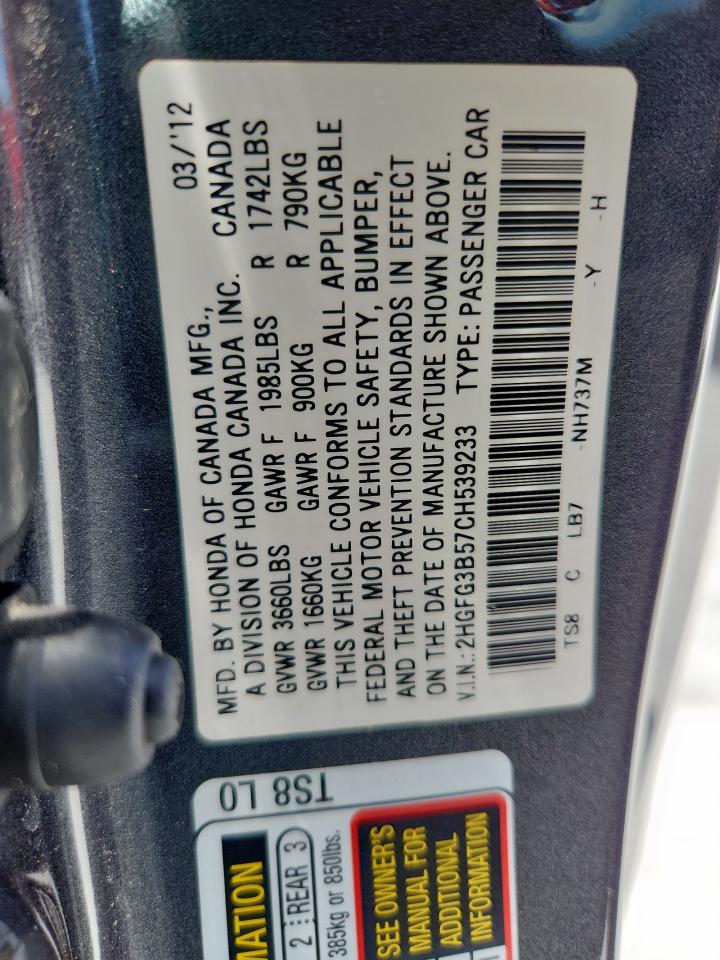 2012 Honda Civic Lx VIN: 2HGFG3B57CH539233 Lot: 62684575