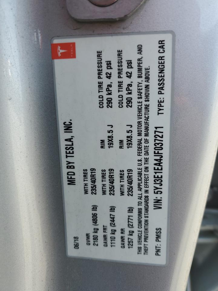 2018 Tesla Model 3 VIN: 5YJ3E1EA4JF037271 Lot: 59927525