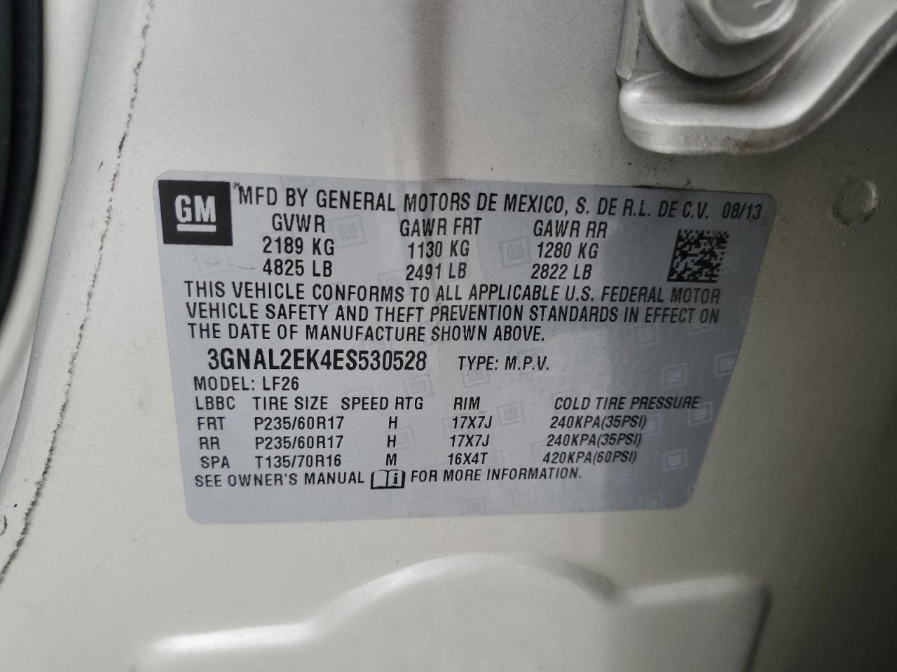 2014 Chevrolet Captiva Ls VIN: 3GNAL2EK4ES530528 Lot: 60819575