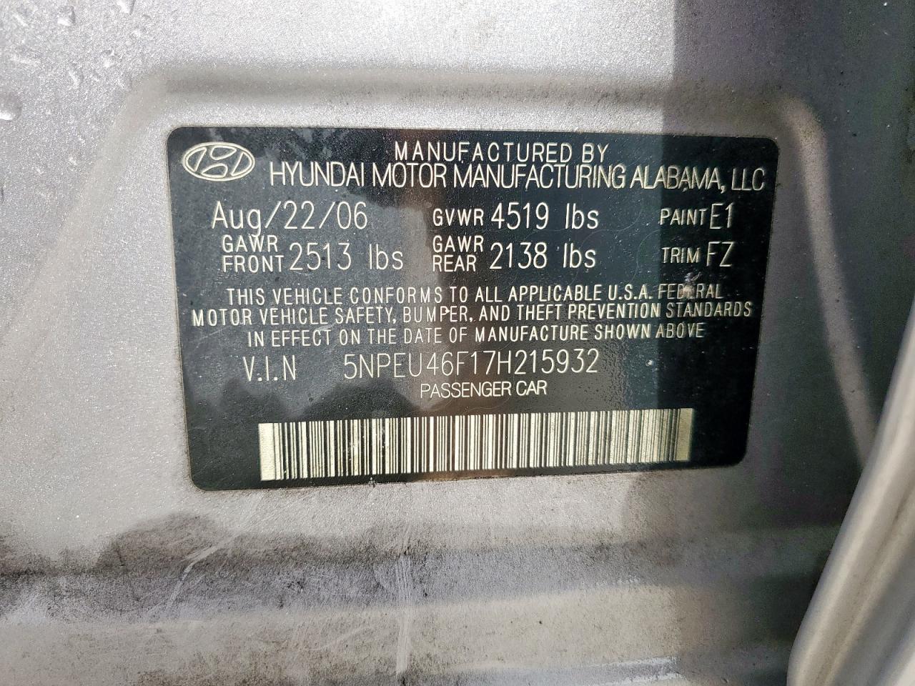 2007 Hyundai Sonata Se VIN: 5NPEU46F17H215932 Lot: 59532765