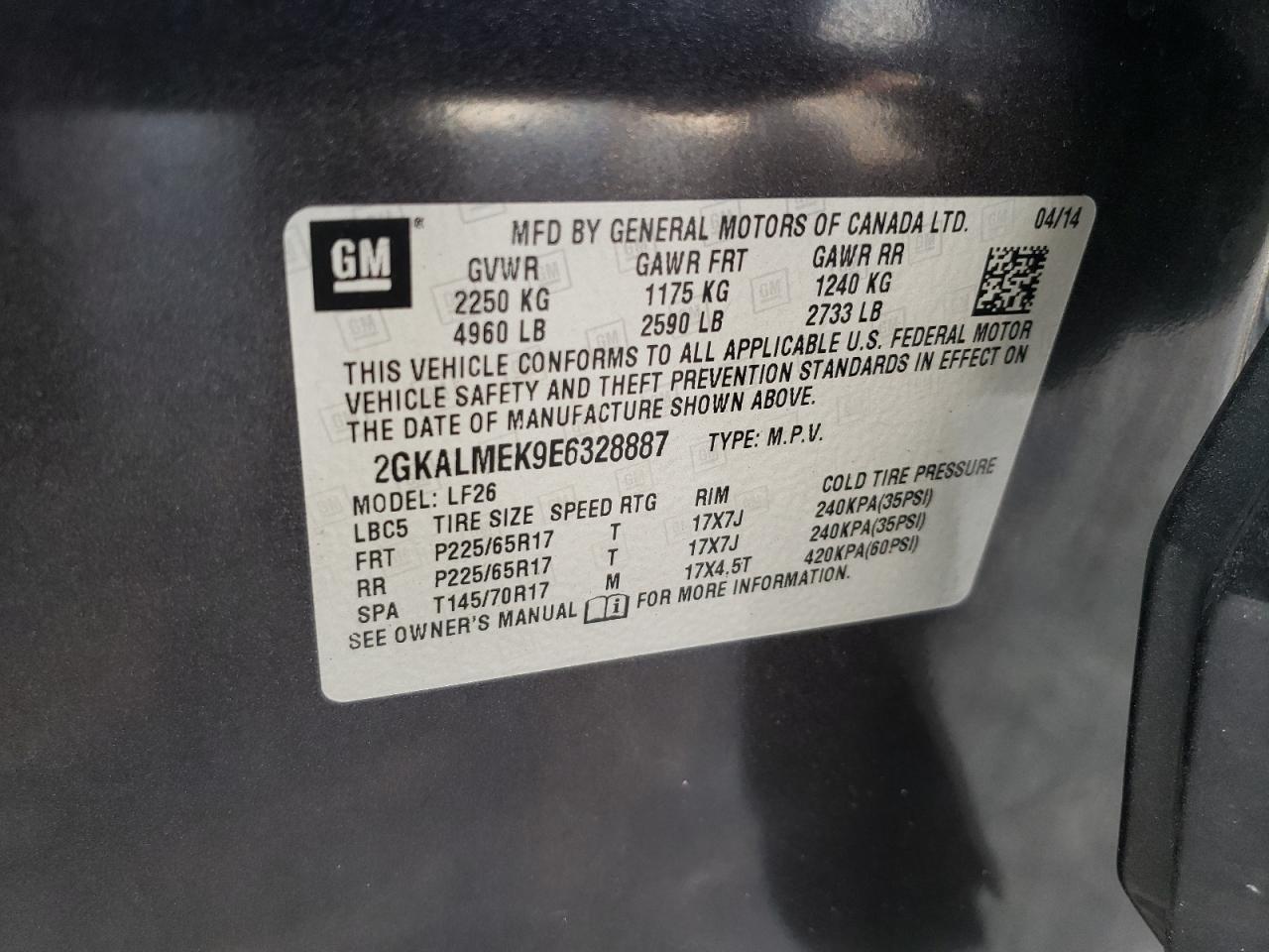 2014 GMC Terrain Sle VIN: 2GKALMEK9E6328887 Lot: 62389135