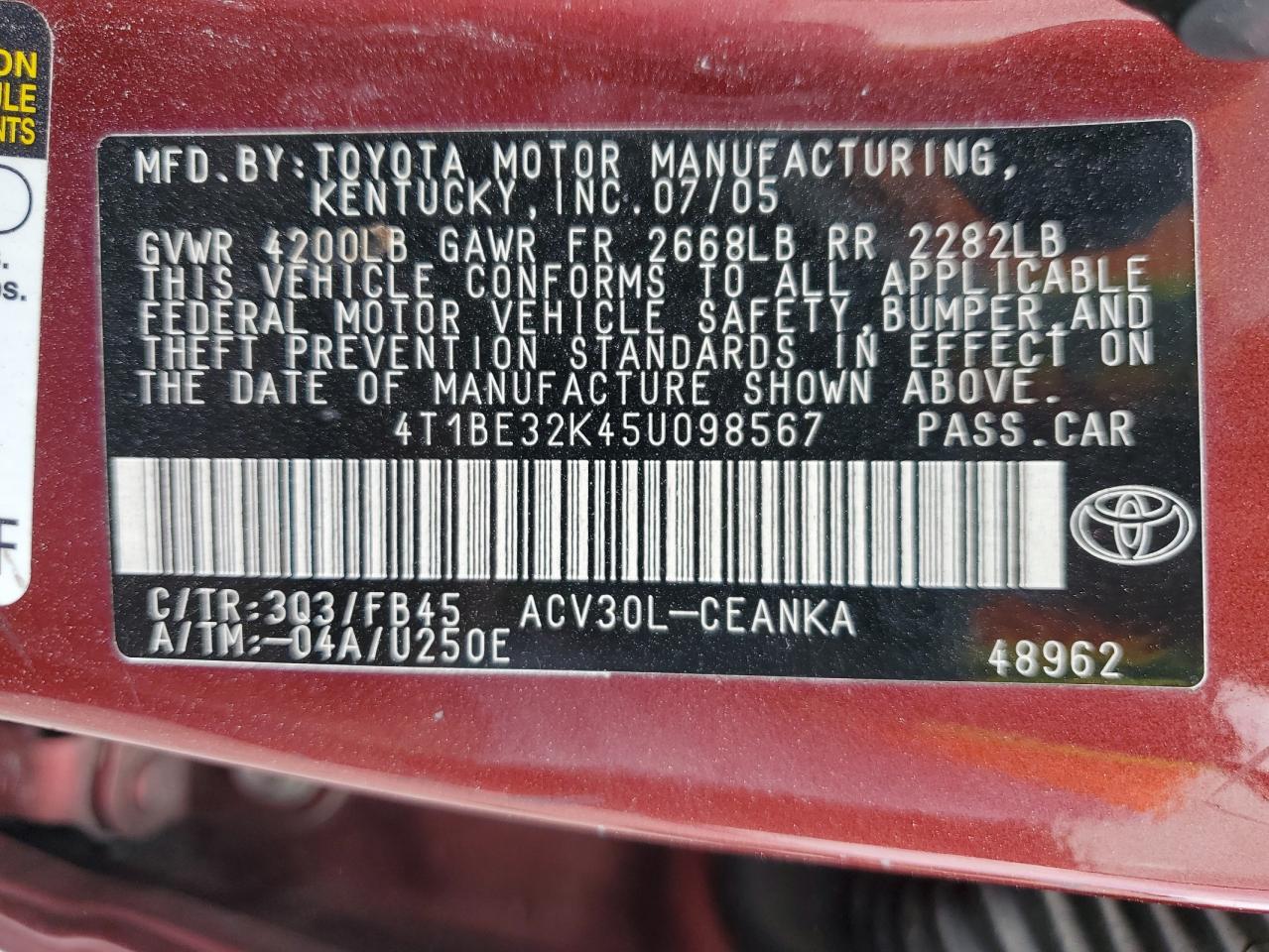 2005 Toyota Camry Le VIN: 4T1BE32K45U098567 Lot: 60665765