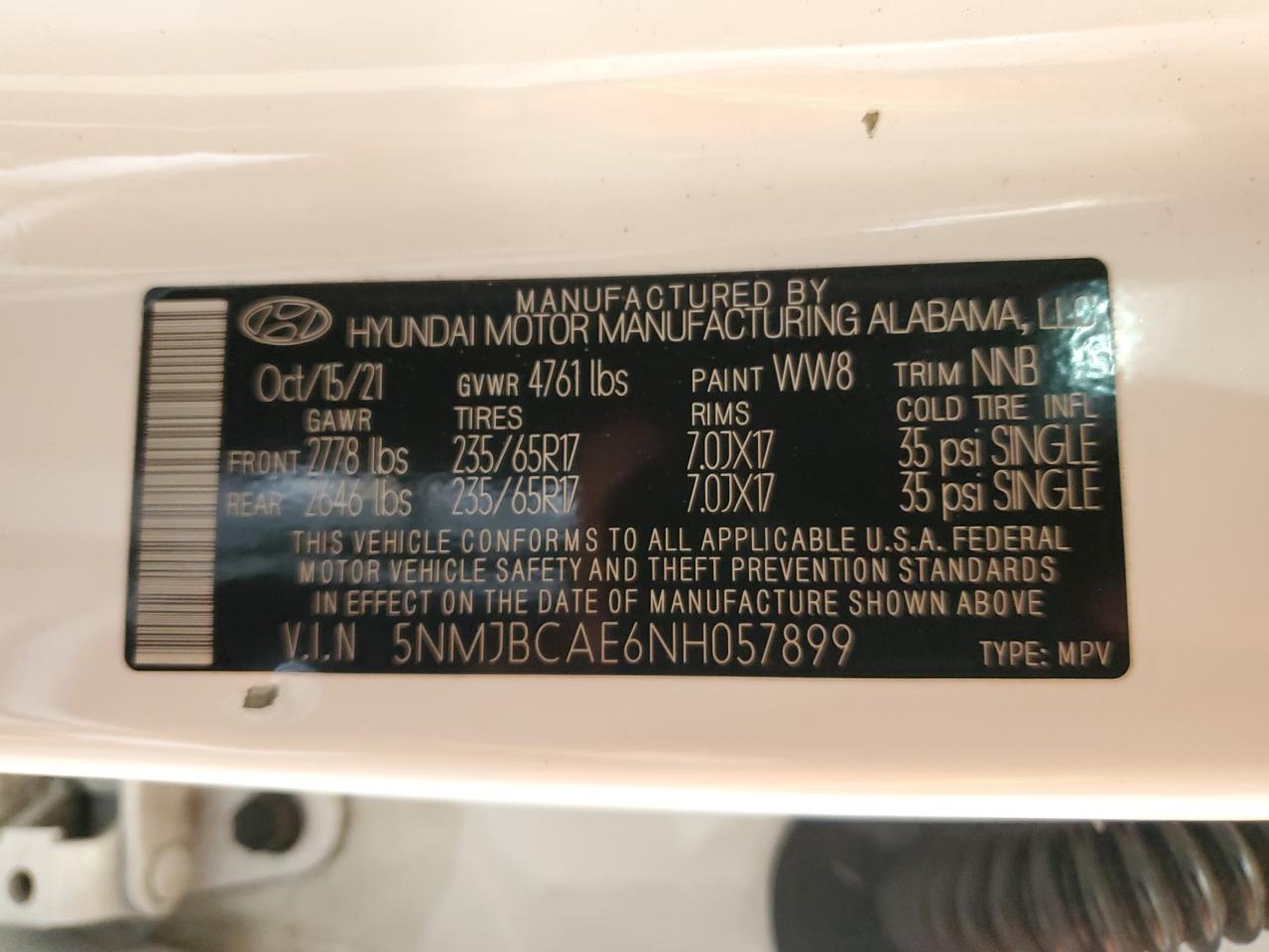 2022 Hyundai Tucson Sel VIN: 5NMJBCAE6NH057899 Lot: 60798005