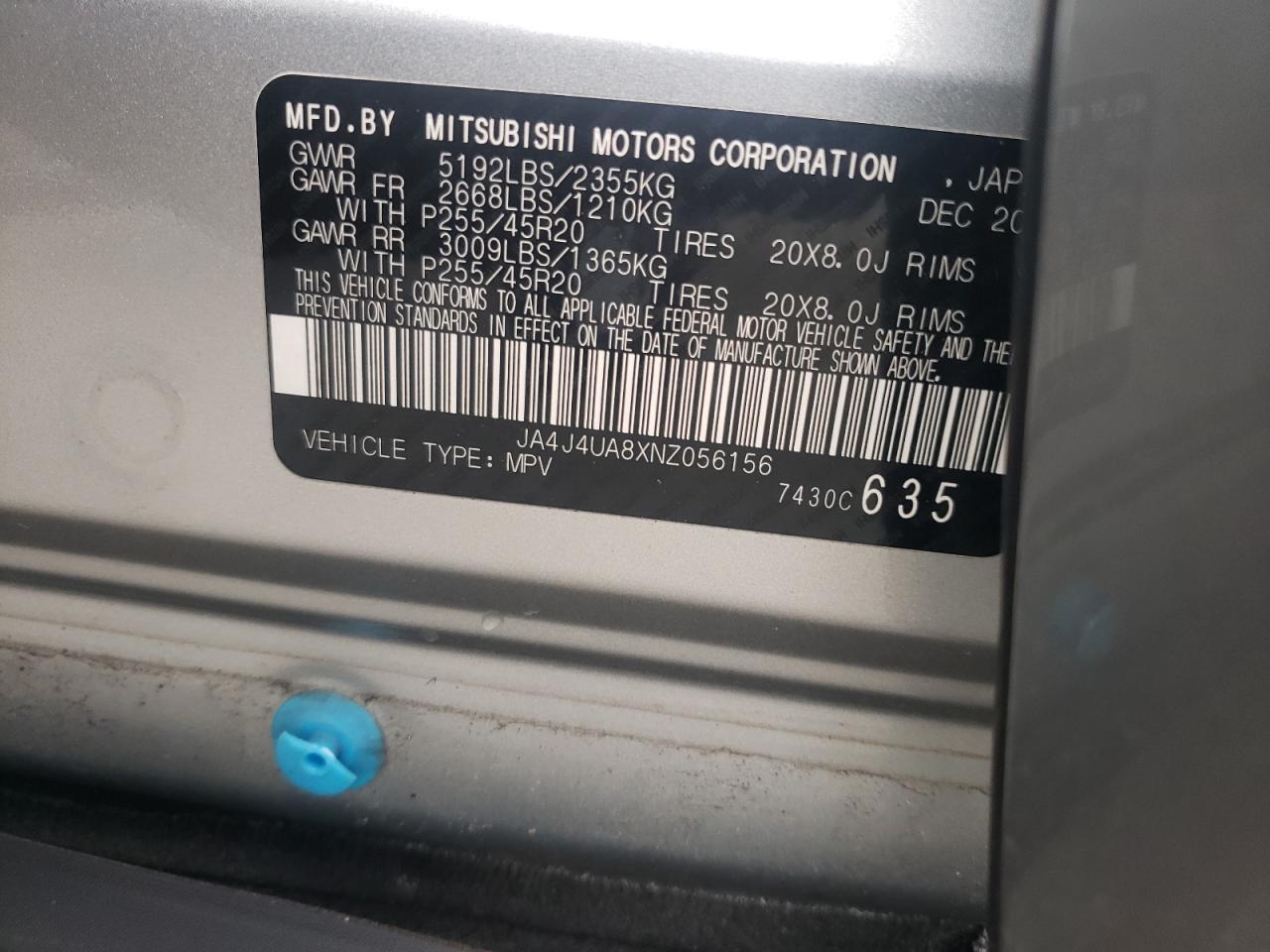 2022 Mitsubishi Outlander Se VIN: JA4J4UA8XNZ056156 Lot: 62524245