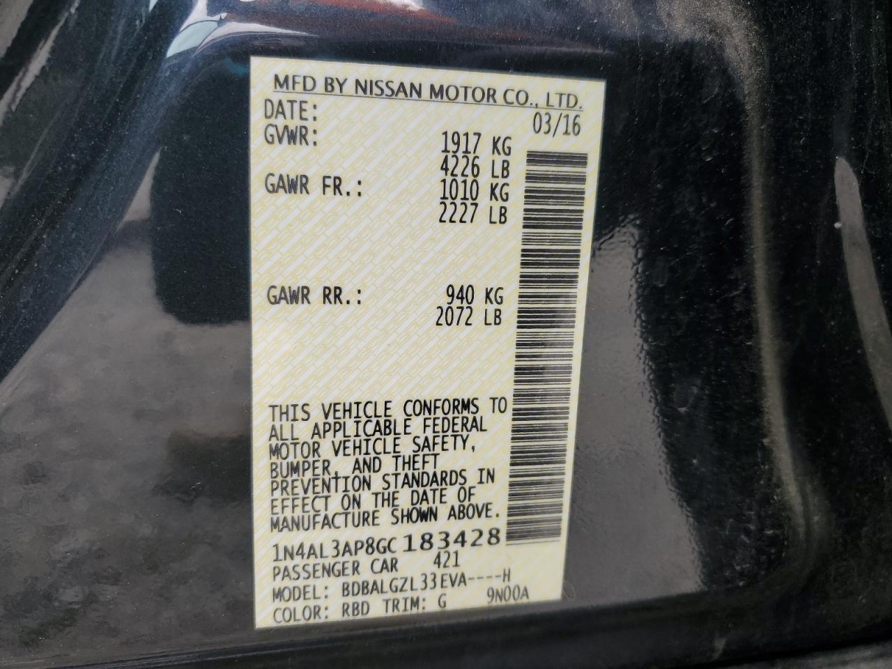 NISSAN ALTIMA 2016 VIN 1N4AL3AP8GC183428 фото 12