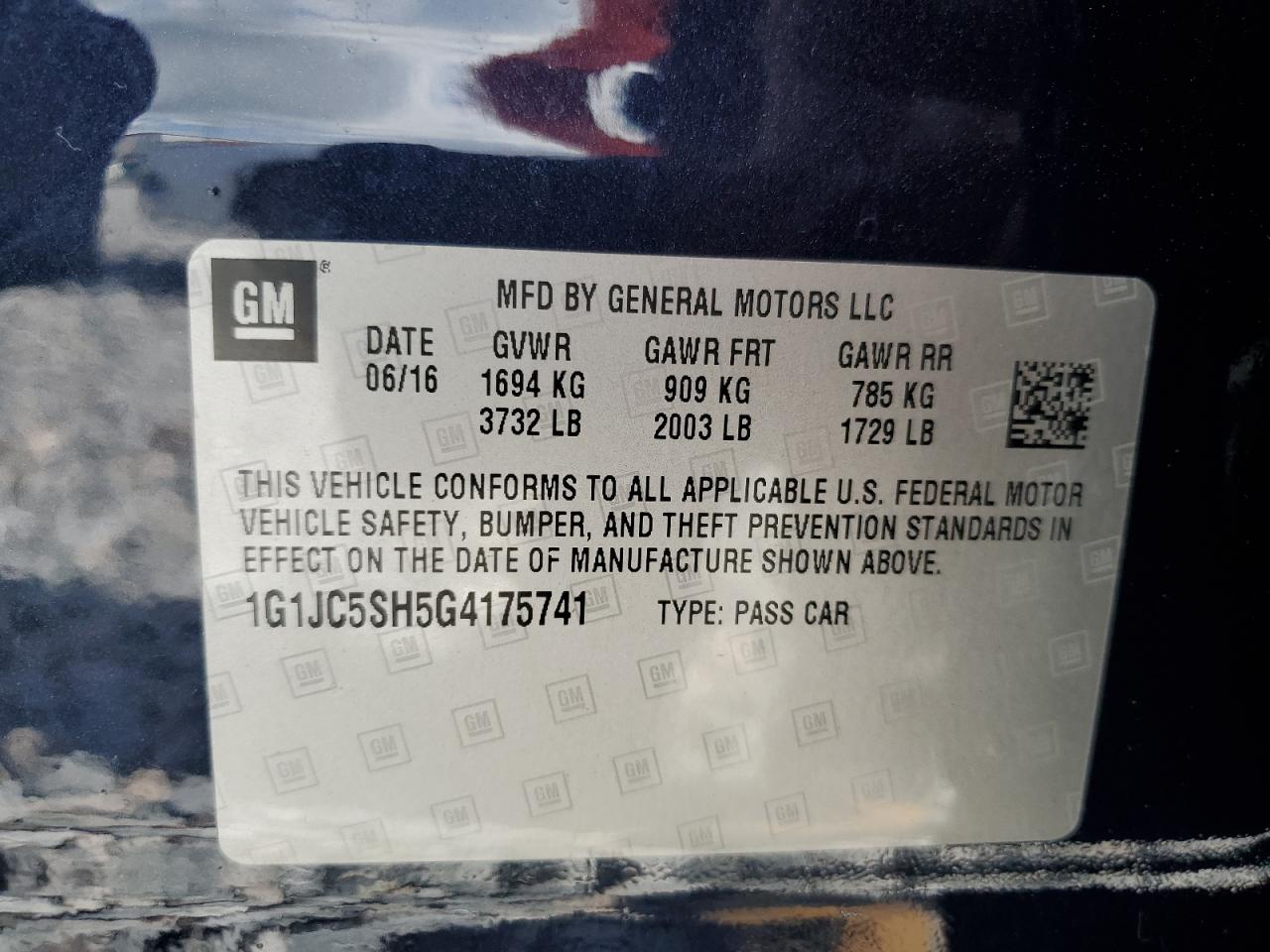 2016 Chevrolet Sonic Lt VIN: 1G1JC5SH5G4175741 Lot: 61233155