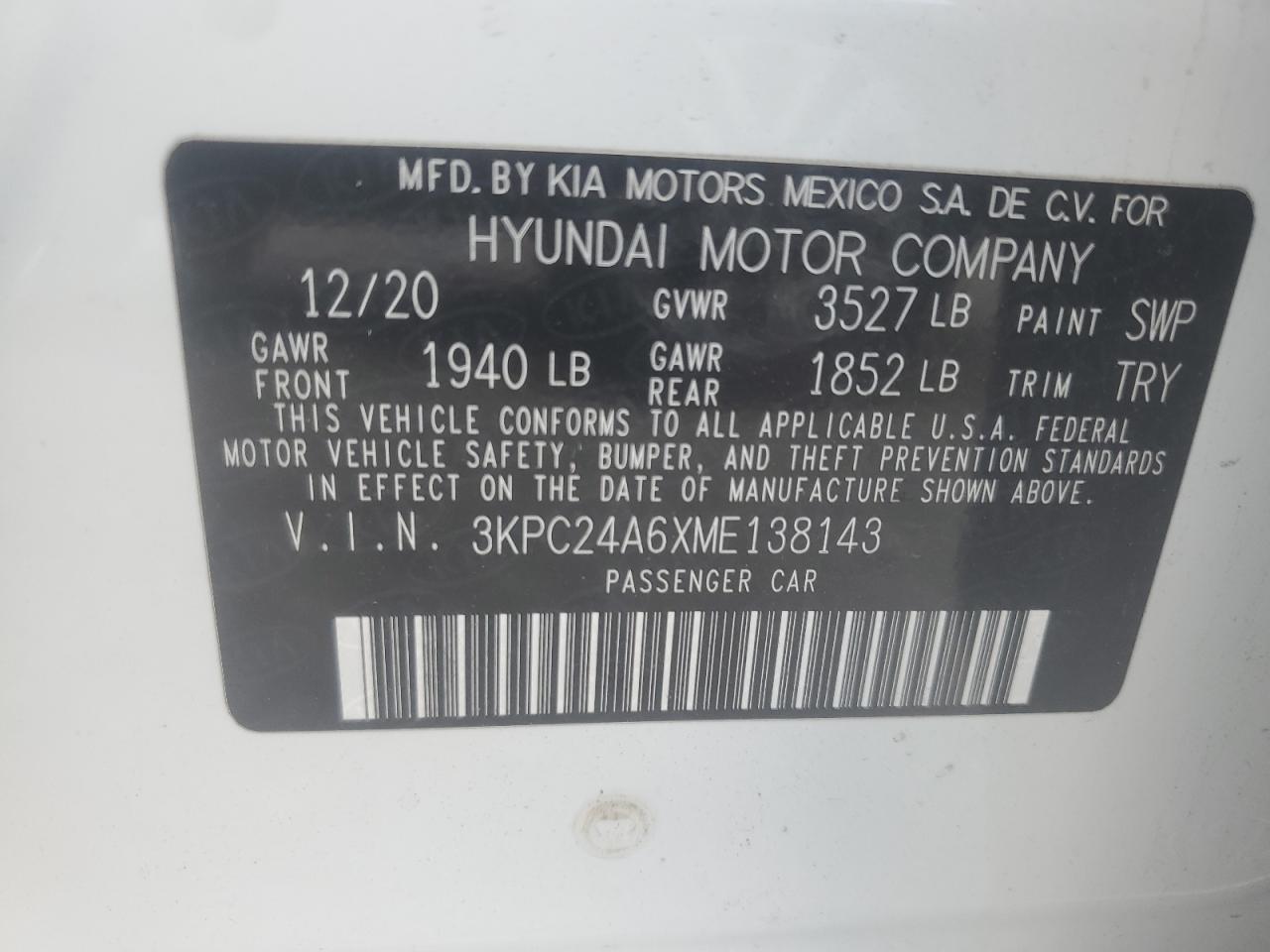 2021 Hyundai Accent Se VIN: 3KPC24A6XME138143 Lot: 60168165