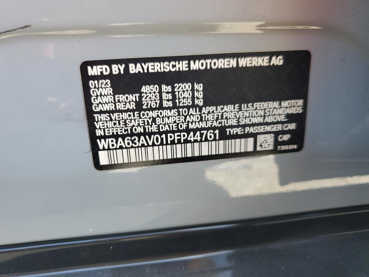 2023 BMW 430I Gran Coupe VIN: WBA63AV01PFP44761 Lot: 61109825